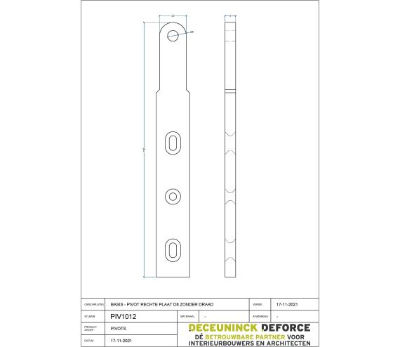 PIVOT ONDERDEEL MESSING PROFIEL 190MM  DUBBELE CHAFREIN