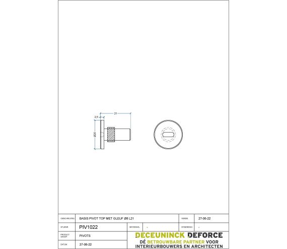 PIVOT ONDERDEEL MESSING KORTE TOP MET ZESKANT ZWART RAL 9005 MAT