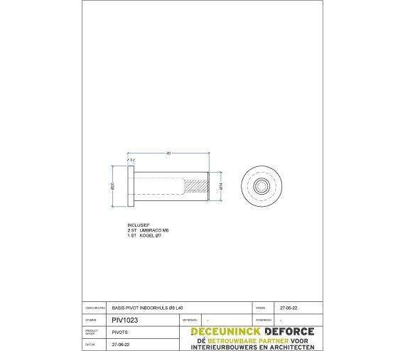 PIVOT VLOERPOT INOX GEBORSTELD D20 L40 MET M6X1"