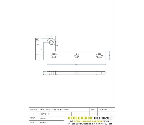 PIVOT ONDERDEEL MESSING L-PROFIEL L108MM MET DRAAD DUBBELE CHAFREIN VOORZIEN VAN INBUS M6