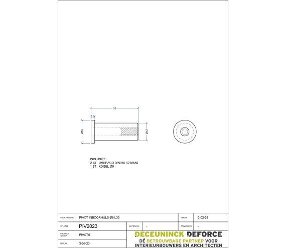 PIVOT VLOERPOT INOX GEBORSTELD D16 L33 MET M6X1"