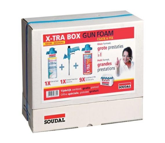 ISOLATIESCHUIM SOUDAL 1 K-XTRA 750 BOX (9 STUKS) 500 ML + CLICK & CLEAN +  MET PISTOOL